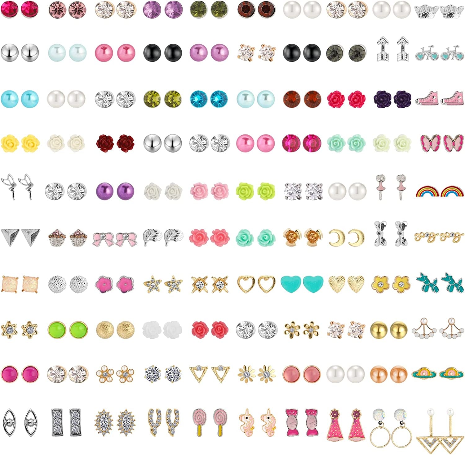 NEWITIN 100 Pairs Colorful Cute Stud Earrings for Girls Hypoallergenic Earrings Stainless Steel Earrings for Women Apparel & Accessories > Jewelry > Earrings NEWITIN Flower Girl