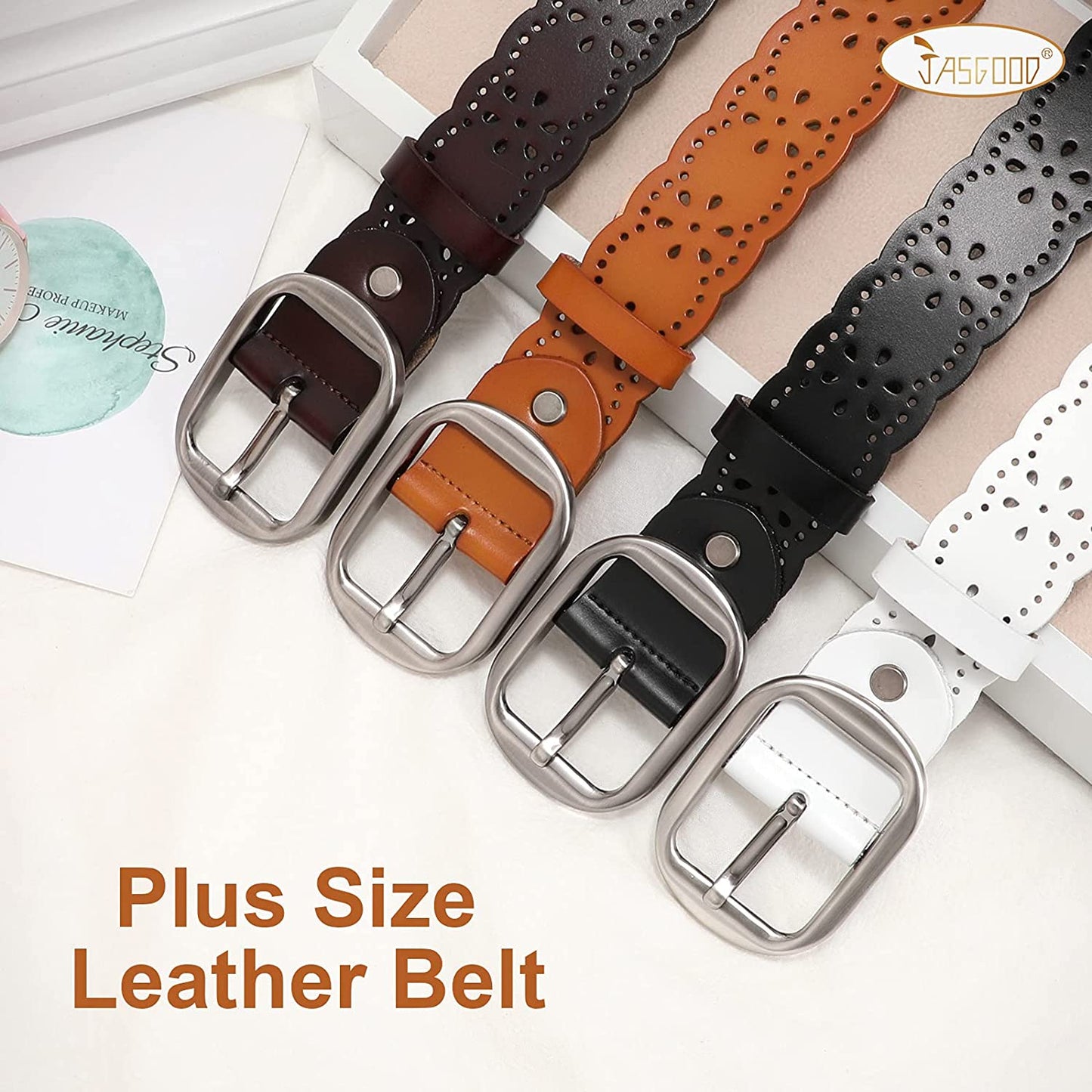 JASGOOD Women'S plus Size Belt, Hollow Flower Leather Belt for Jeans Pants Wide Belt with Metal Buckle Apparel & Accessories > Clothing Accessories > Belts KYLIE MAX