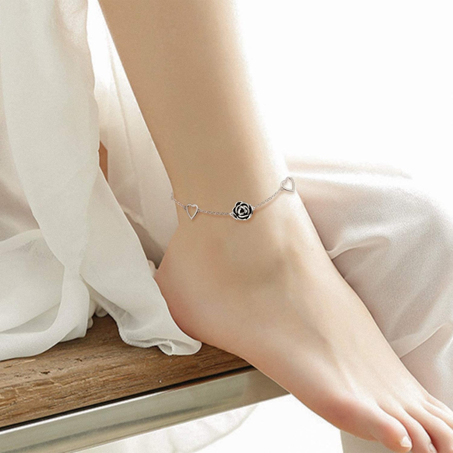 Jinlou S925 Sterling Silver Infinity Rose Flower Anklet for Women Adjustable Heart Style Foot Ankle Bracelet Jewelry Apparel & Accessories > Jewelry > Anklets Jinlou