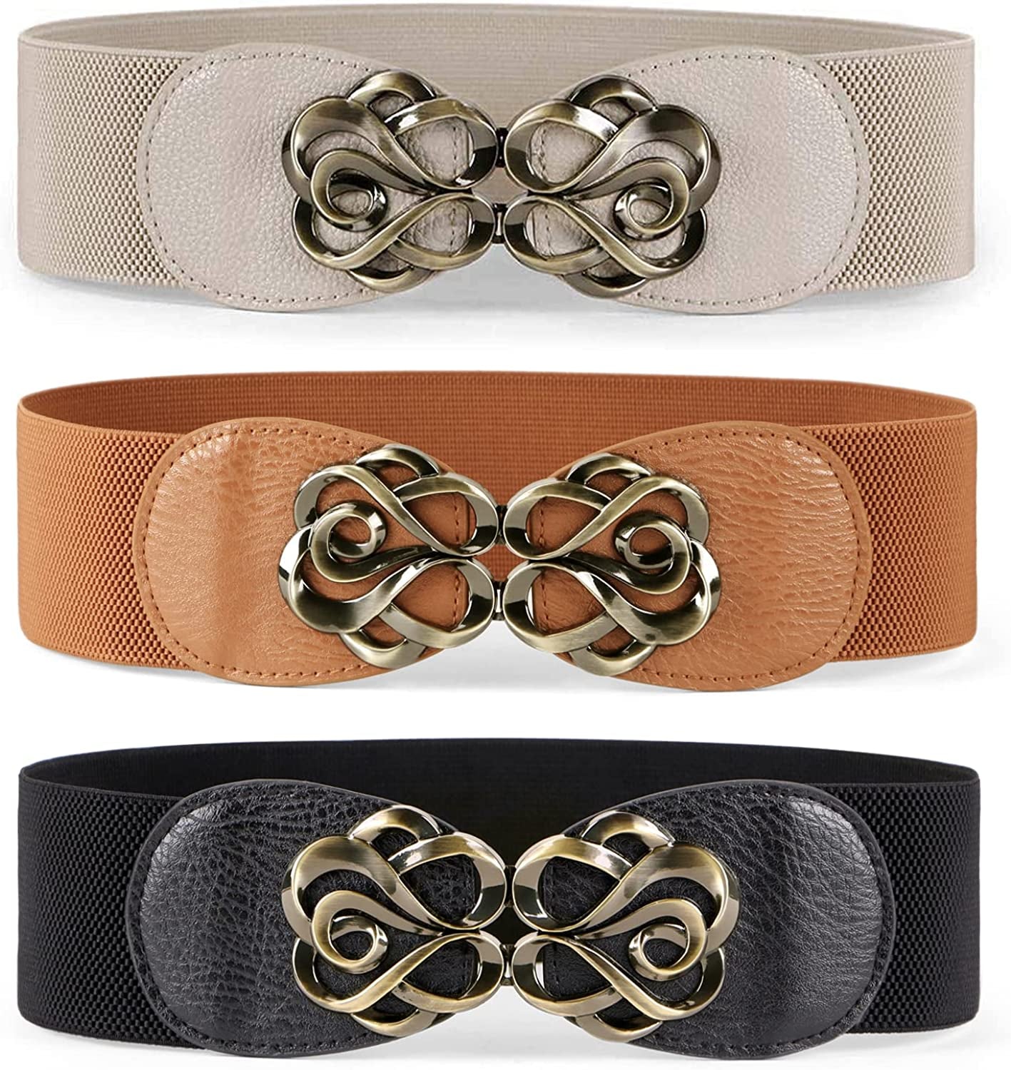 JASGOOD Women Stretchy Belt for Dresses Vintage Elastic Wide Waist Belt Apparel & Accessories > Clothing Accessories > Belts KYLIE MAX E-black+brown+beige Suit for waist size 28"-35"