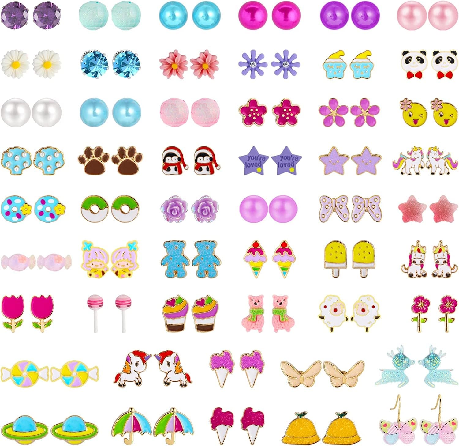 52 Pairs Colorful Cute Stud Earrings for Girls Hypoallergenic Earrings Stainless Steel Earrings for Girls and Women Zoo