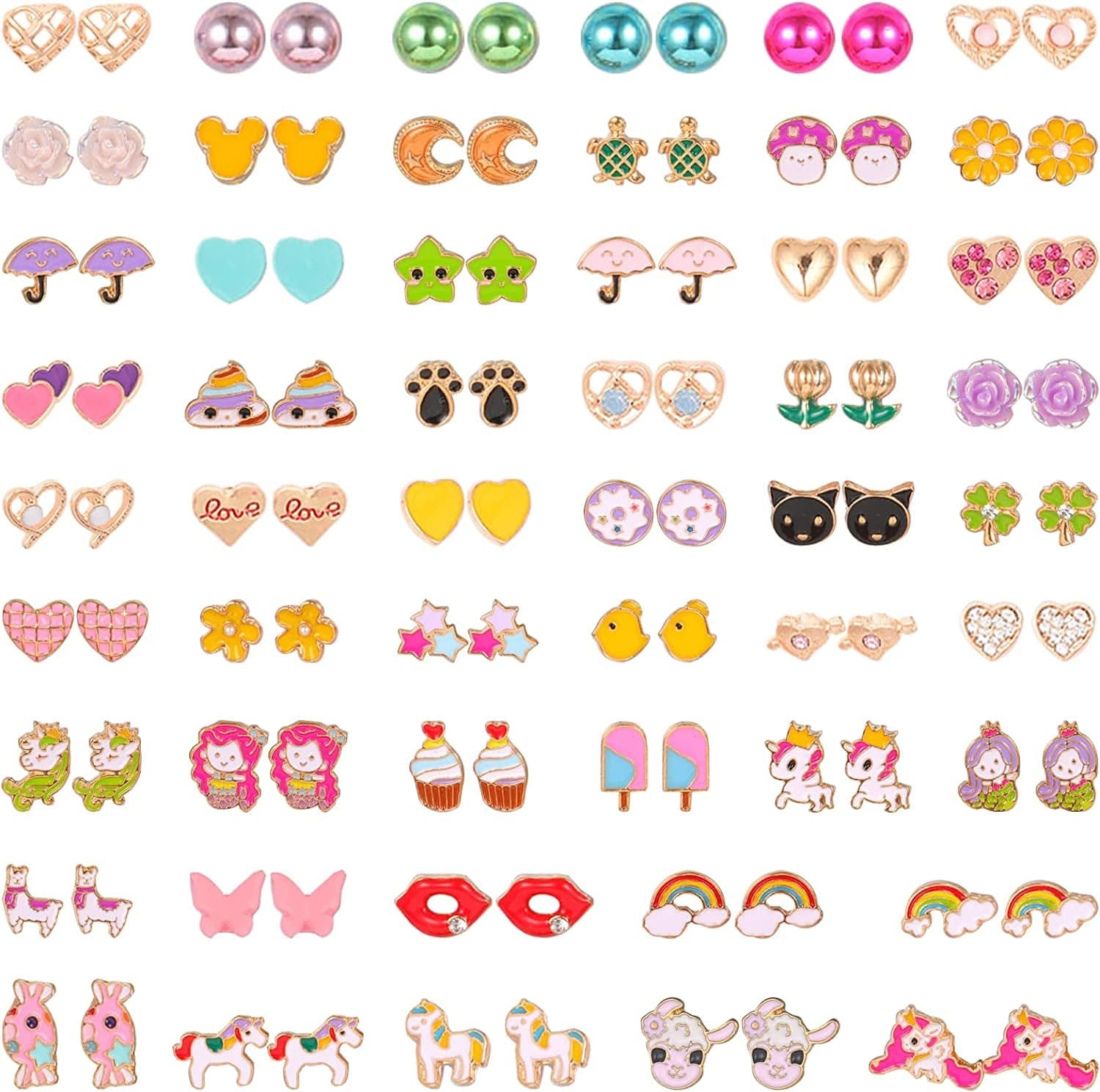 52 Pairs Colorful Cute Stud Earrings for Girls Hypoallergenic Earrings Stainless Steel Earrings for Girls and Women Lovely