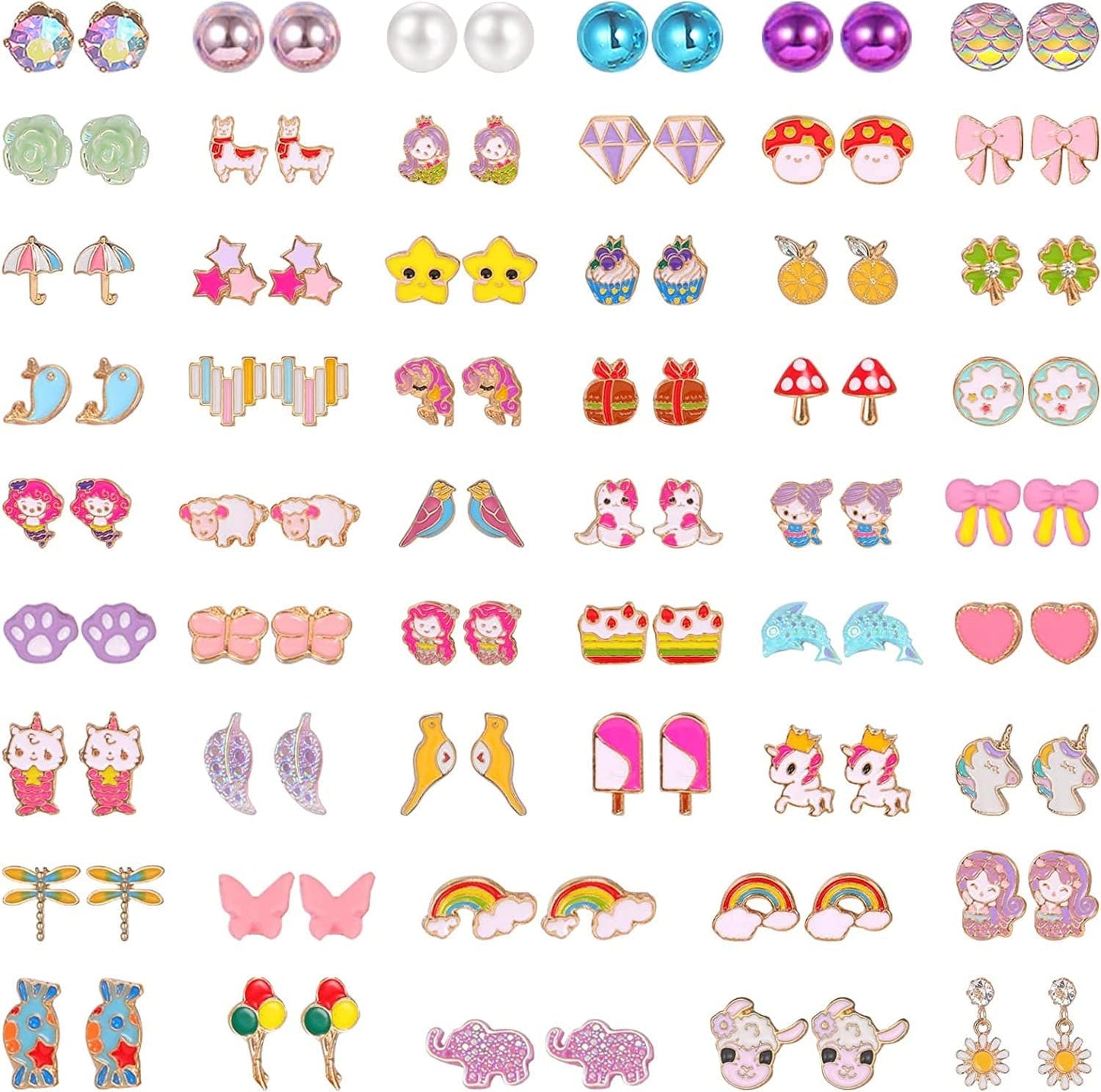 52 Pairs Colorful Cute Stud Earrings for Girls Hypoallergenic Earrings Stainless Steel Earrings for Girls and Women Childlike
