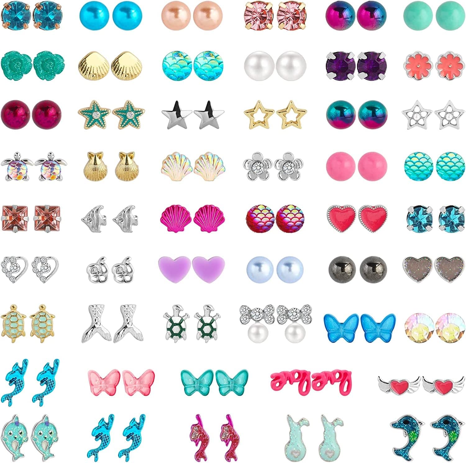 52 Pairs Colorful Cute Stud Earrings for Girls Hypoallergenic Earrings Stainless Steel Earrings for Girls and Women Sea
