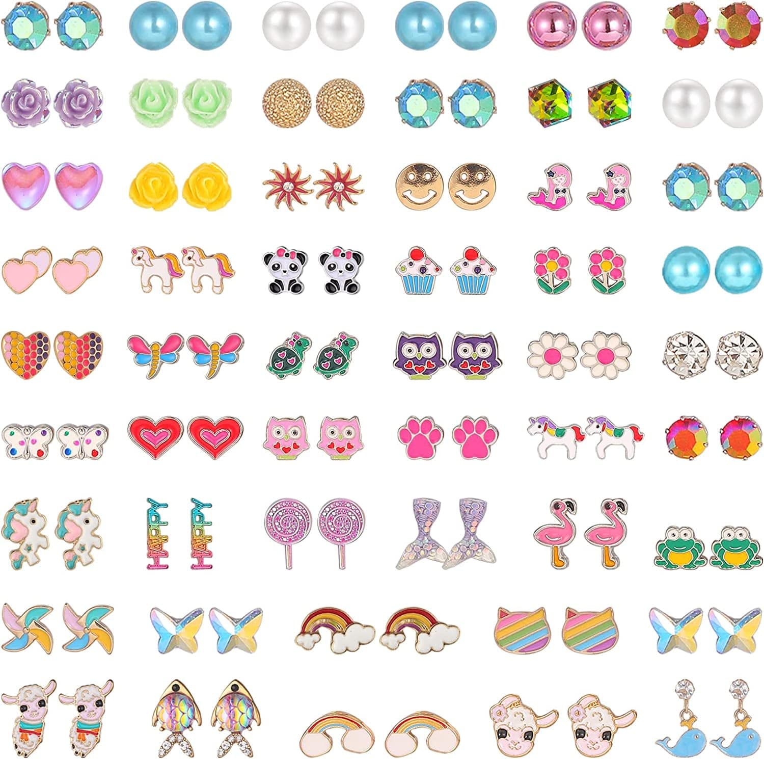 52 Pairs Colorful Cute Stud Earrings for Girls Hypoallergenic Earrings Stainless Steel Earrings for Girls and Women Cute