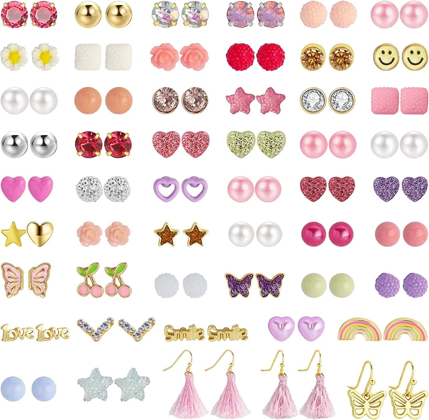 52 Pairs Colorful Cute Stud Earrings for Girls Hypoallergenic Earrings Stainless Steel Earrings for Girls and Women Glittering