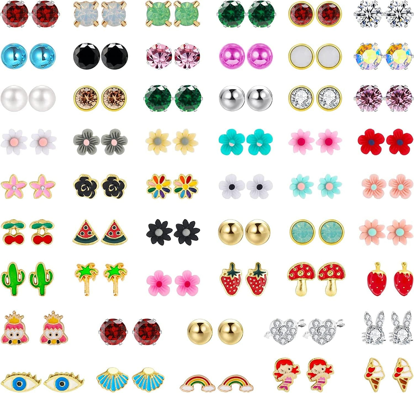 52 Pairs Colorful Cute Stud Earrings for Girls Hypoallergenic Earrings Stainless Steel Earrings for Girls and Women Flower