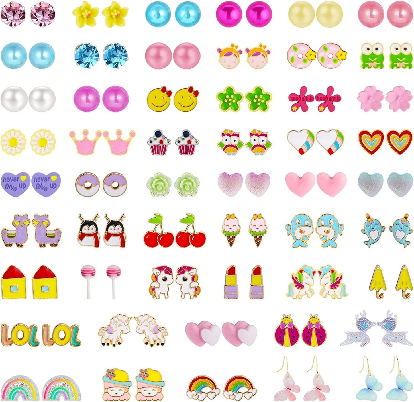 52 Pairs Colorful Cute Stud Earrings for Girls Hypoallergenic Earrings Stainless Steel Earrings for Girls and Women Bright