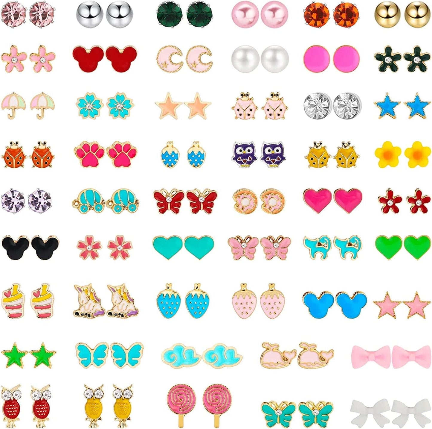 52 Pairs Colorful Cute Stud Earrings for Girls Hypoallergenic Earrings Stainless Steel Earrings for Girls and Women Beauty