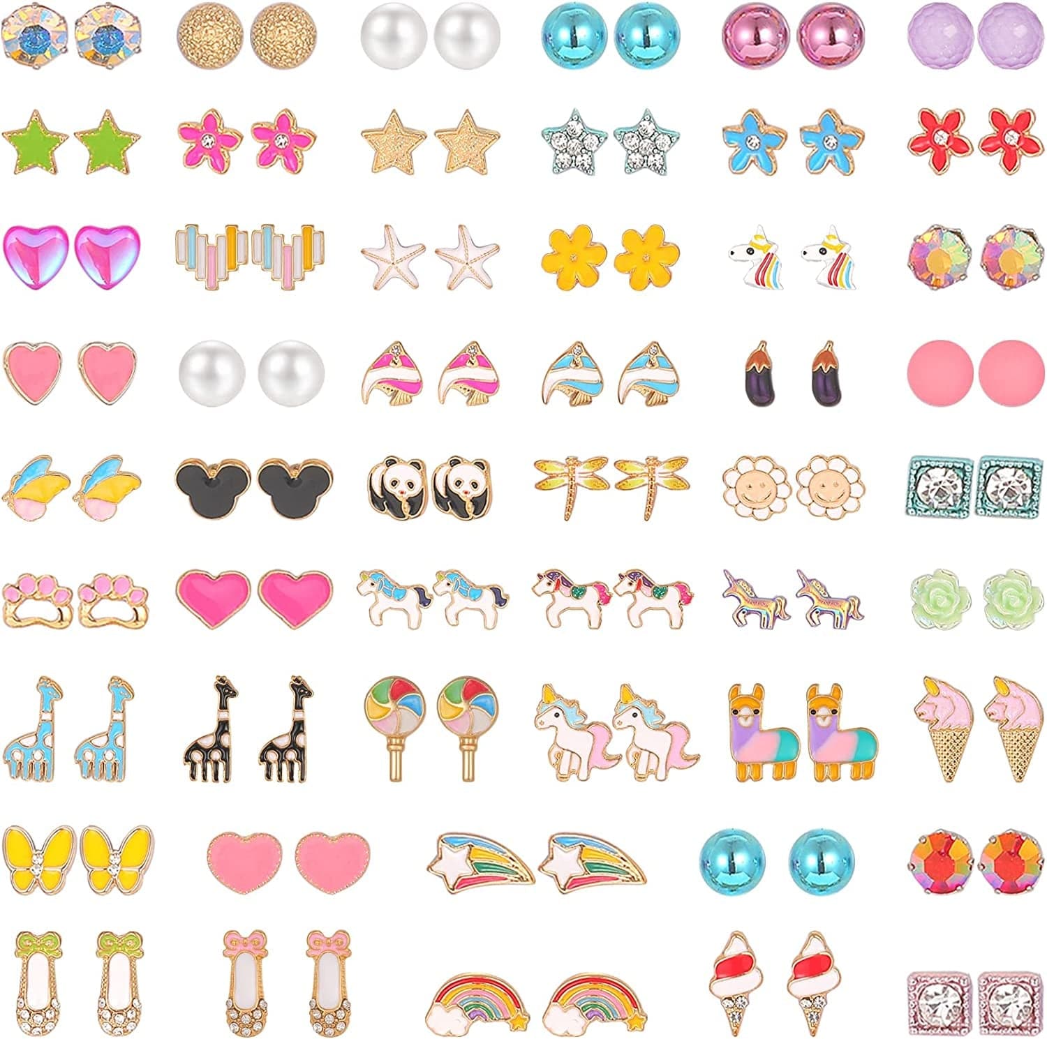 52 Pairs Colorful Cute Stud Earrings for Girls Hypoallergenic Earrings Stainless Steel Earrings for Girls and Women Energetic