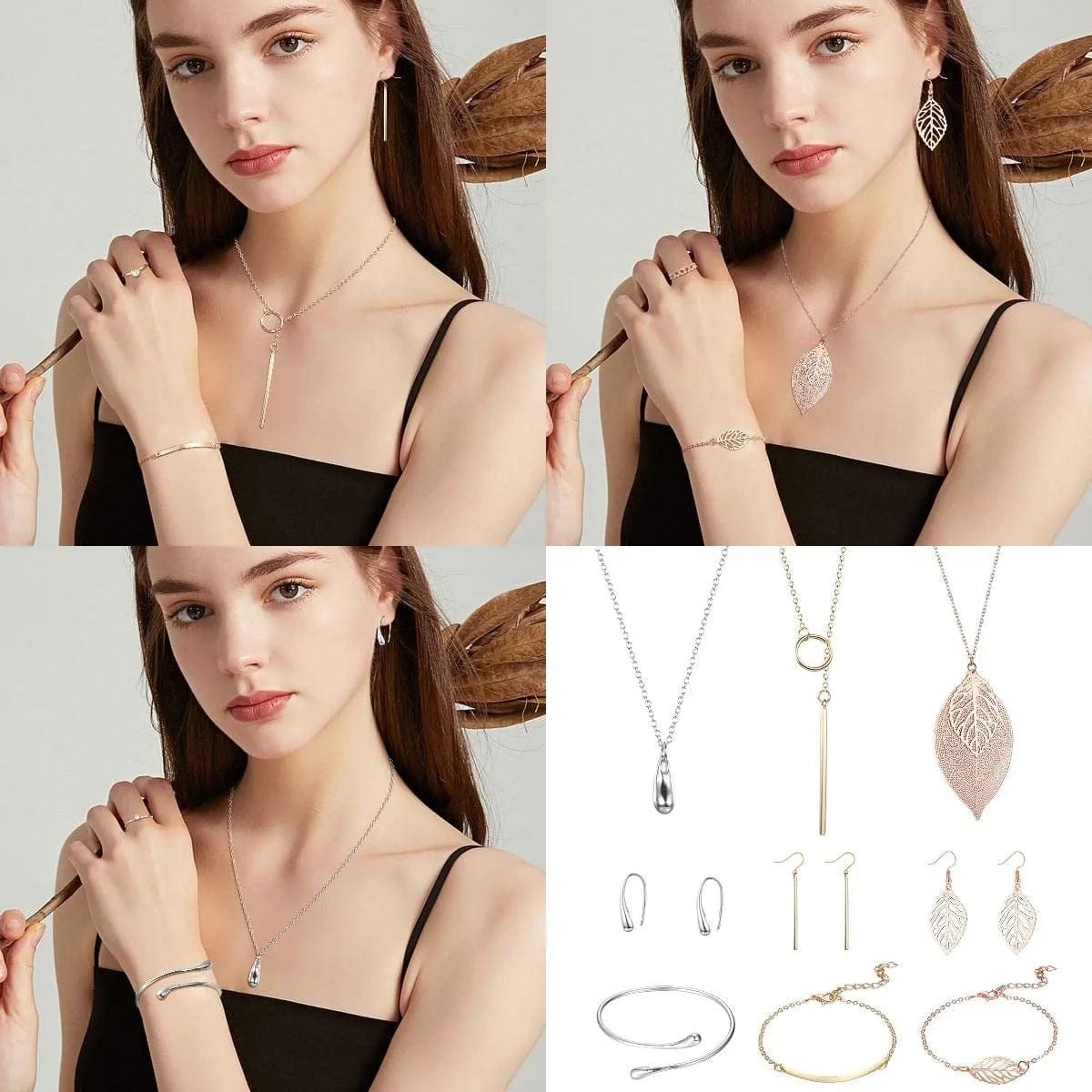 52 PCS Jewelry Set with 3PCS Necklace, 3PCS Bracelet, 3Pairs Dangle Earring, 43PCS Knuckle Rings Gold Silver Rose Gold Jewelry Sets for Women Valentine Anniversary Birthday Friendship Gift