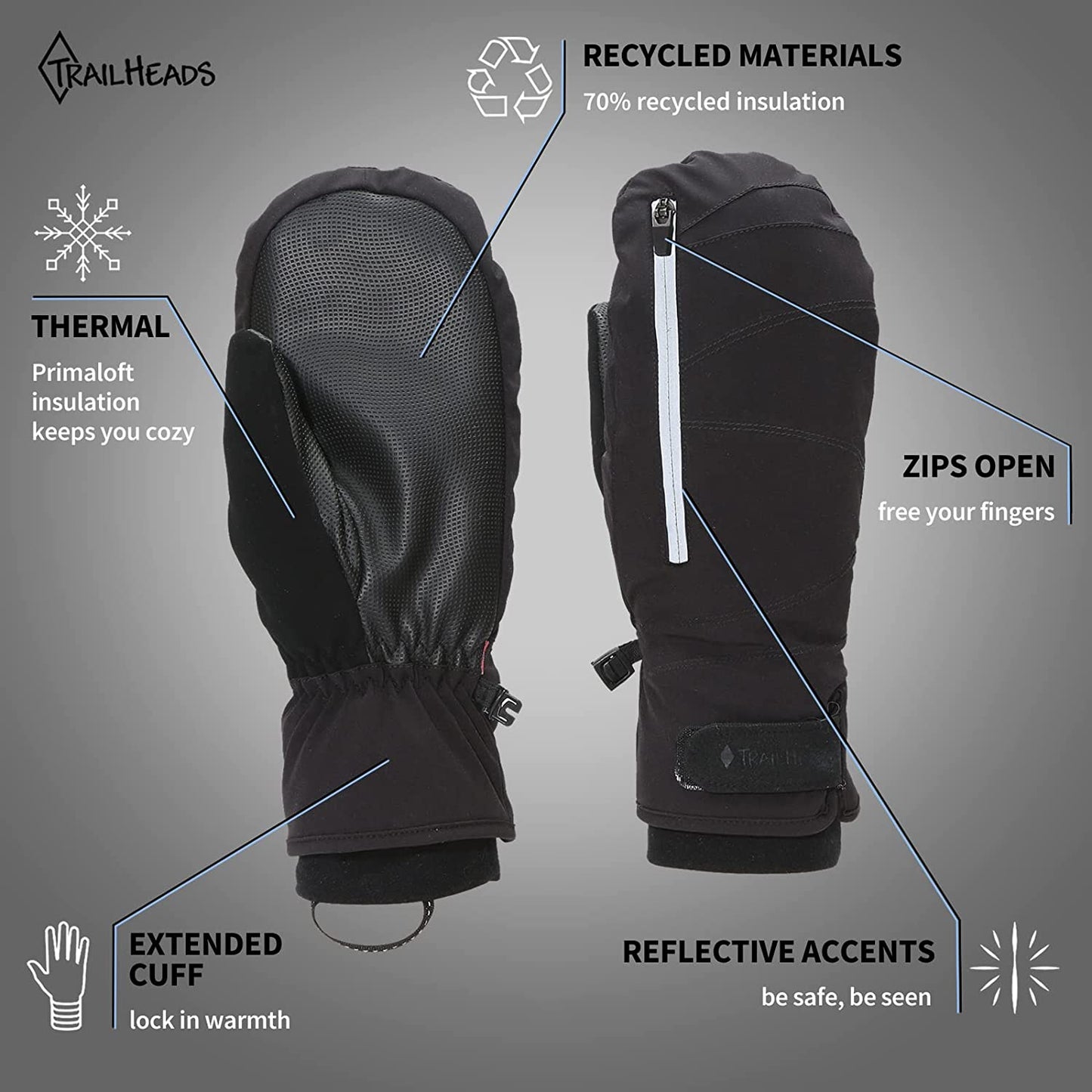 Trailheads Women’S Convertible Zip Mitts | Winter Running Mittens | Thermal Mittens for Cold Weather | Women’S Mittens for Outdoor Sports - Black Apparel & Accessories > Clothing Accessories > Gloves & Mittens TrailHeads
