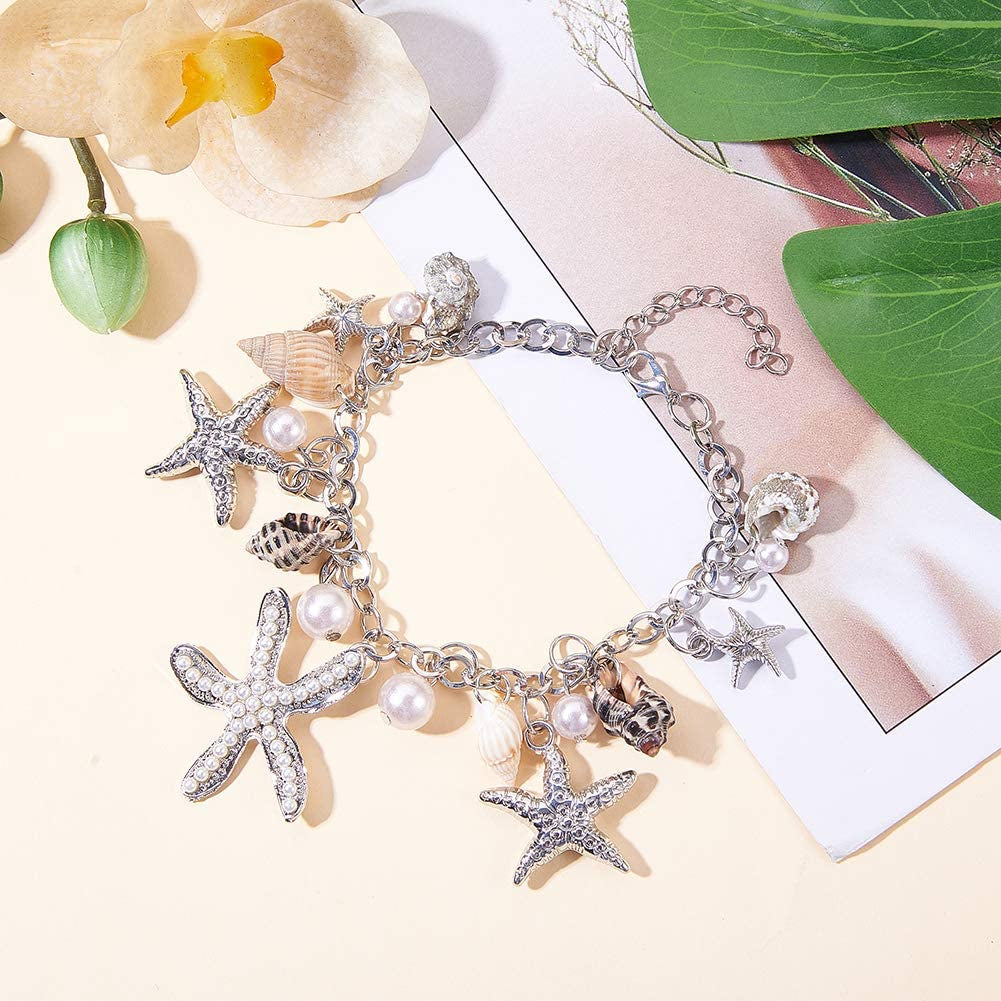 PH Pandahall Starfish Shell Anklet Bracelets Conch Starfish Faux Pearl Anklet Bracelet Charm Women Bohemian Adjustable Shell Bracelet Mermaid Costume Jewelry for Women Silver(7” with 2” Extend Chain) Apparel & Accessories > Jewelry > Anklets PH PandaHall