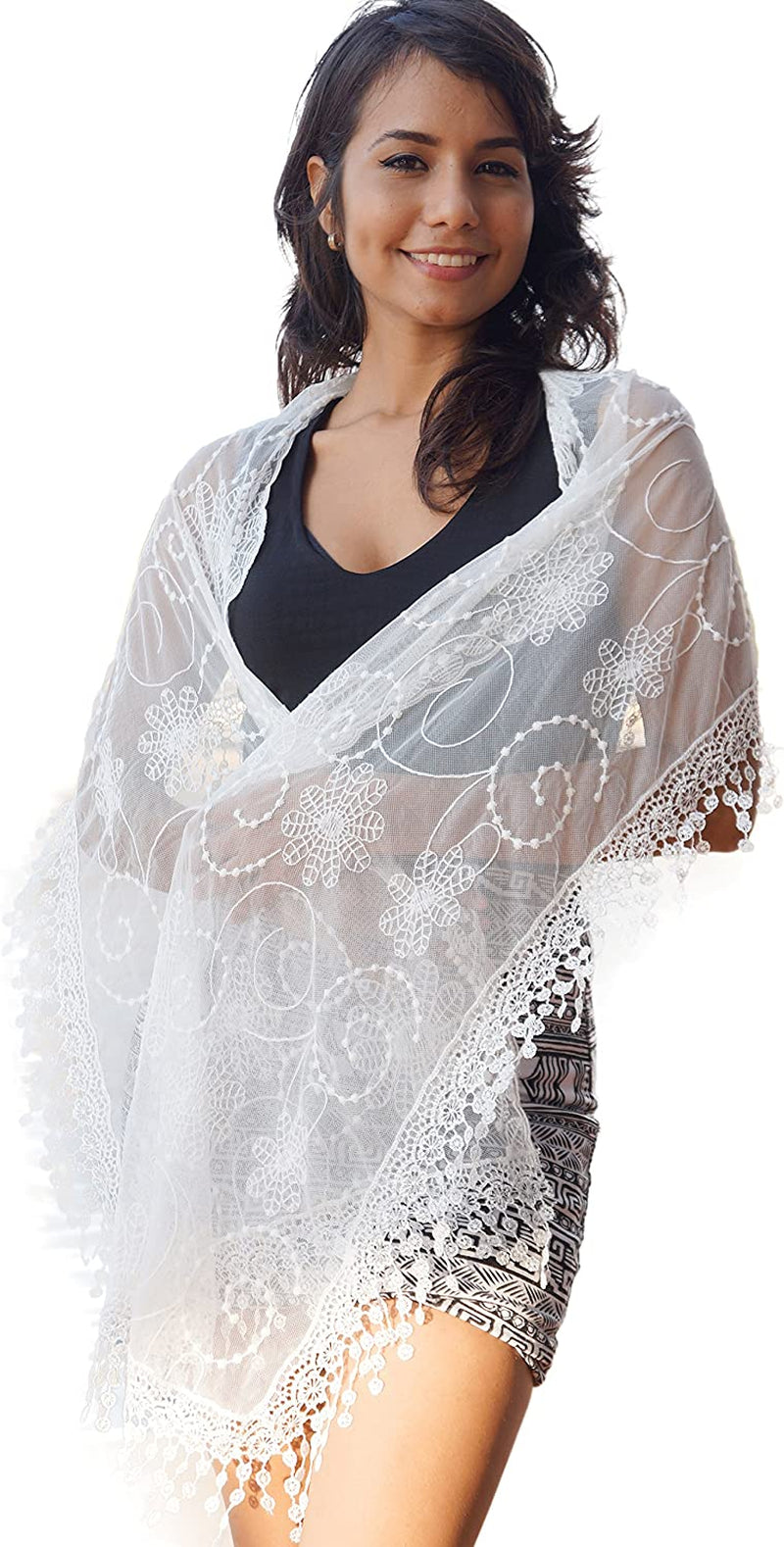 Cindy and Wendy Lightweight Soft Leaf Lace Fringes Scarf Shawl for Women Apparel & Accessories > Clothing Accessories > Scarves & Shawls Cindy and Wendy Tyh-white