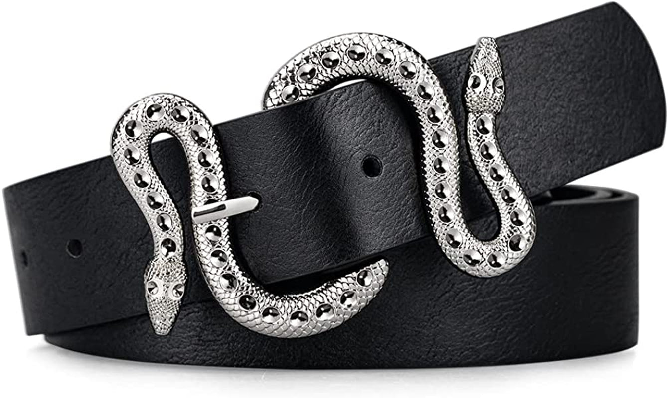 Belts for Women,Women Fashion Leather Belt for Dress with Snake Belt Buckle Apparel & Accessories > Clothing Accessories > Belts taffeta alley Blk+silver Buckle waist28.6"-32.6"