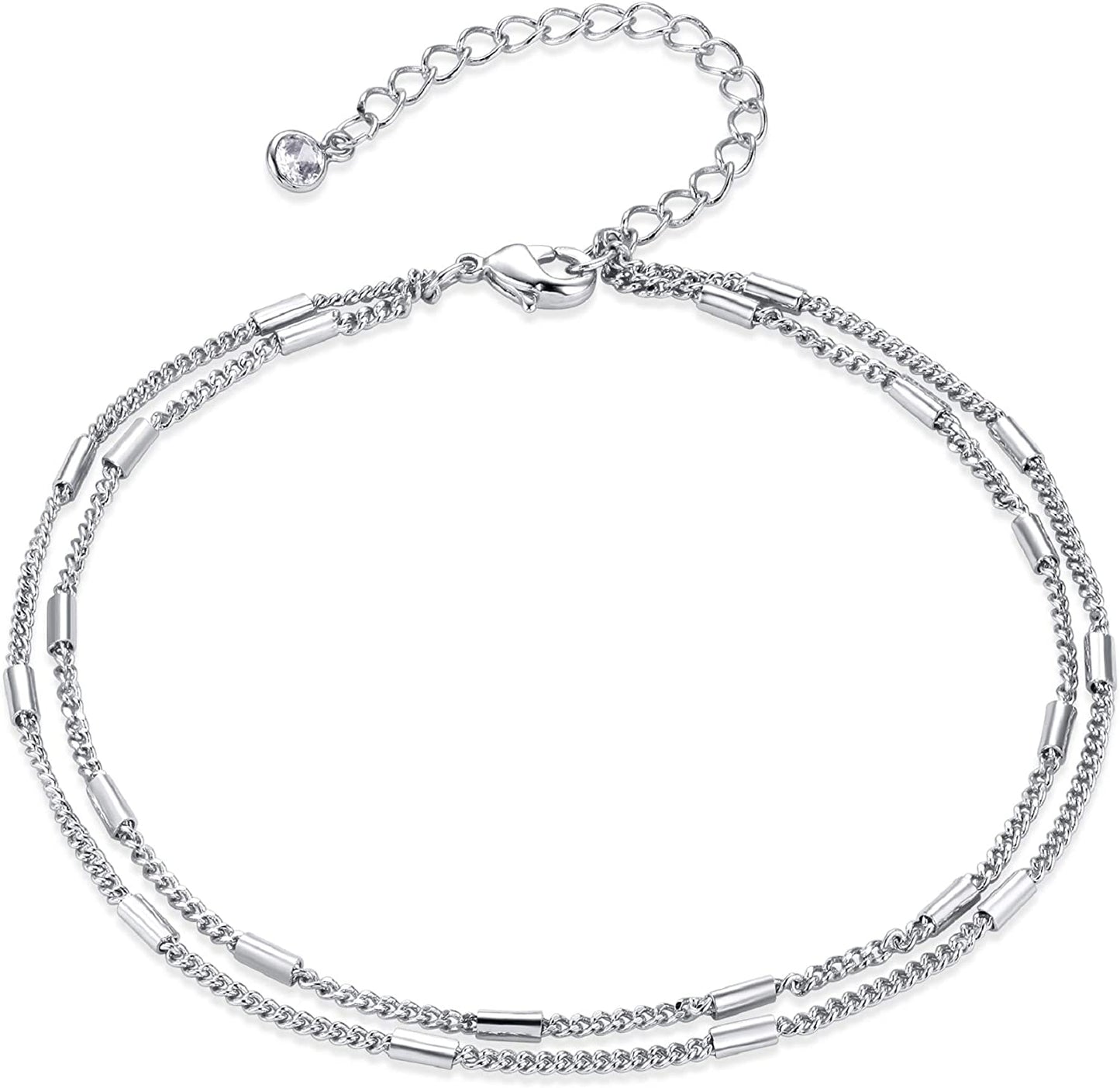 LOYATA Dainty Ankle Bracelet,14K Gold Plated Tiny Bead Anklet Dainty White Cubic Zirconia Cross Tassel Foot Chain Cute Lucky Moon Evil Eye Foot Jewelry Boho Anklets for Women Apparel & Accessories > Jewelry > Anklets LOYATA Layer Silver Bead