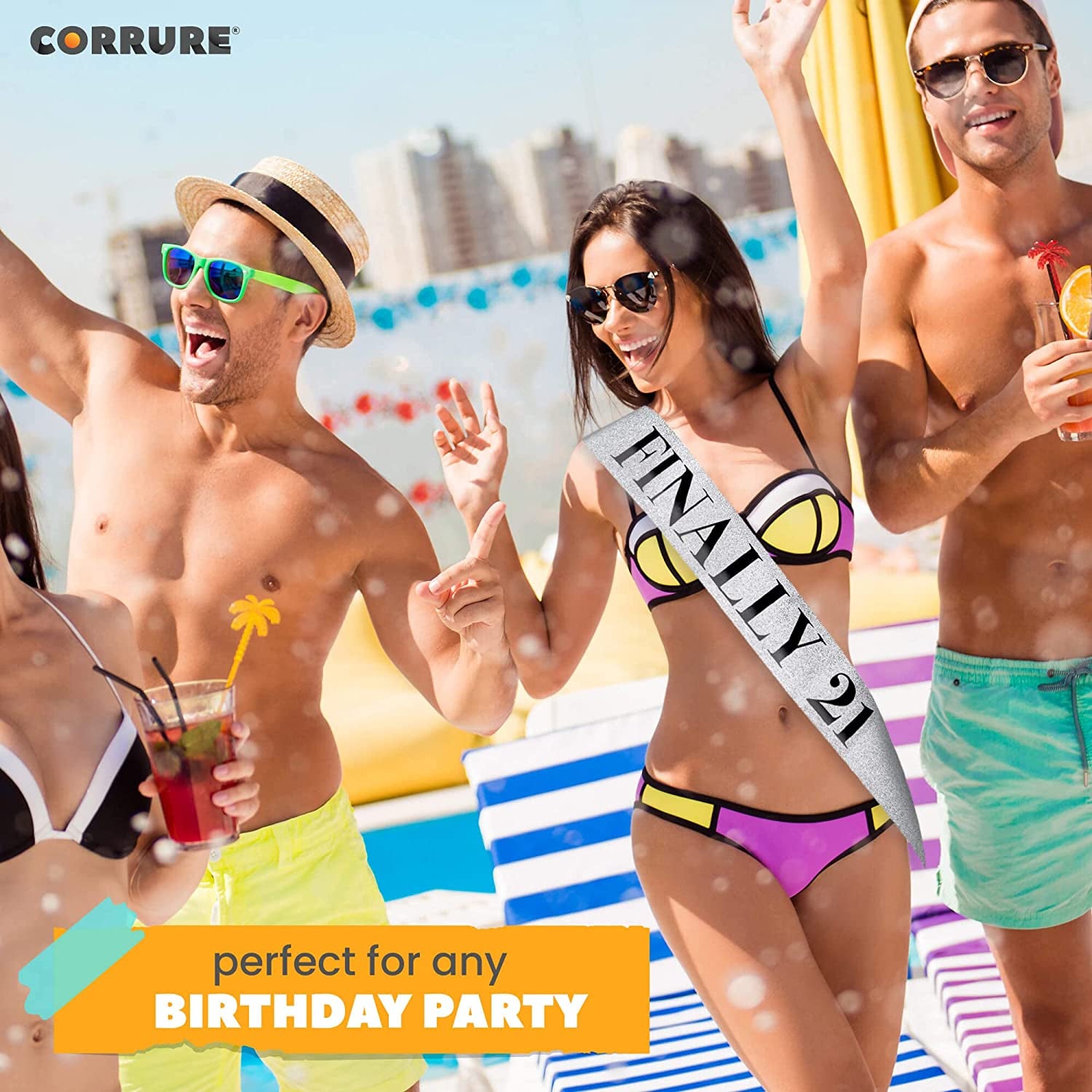 CORRURE 'Finally 21' Birthday Sash with Glitter - Silver Sash with Black Foil 21St Birthday Sash for Men and Women - Ideal Twenty One Sash Party Favors Supplies and Decorations for Your 21 Bday Party Apparel & Accessories > Clothing Accessories > Sashes CORRURE