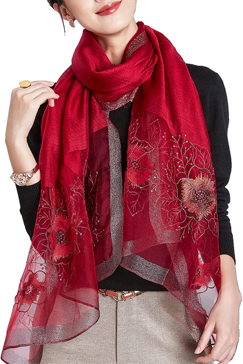 WINCESS YU Women Mulberry Silk Scarf Long & Large Embroidered Floral Pattern Shawl and Wraps Neckerchief for Hair & Neck Apparel & Accessories > Clothing Accessories > Scarves & Shawls WINCESS.YU Sunflower Wine Red