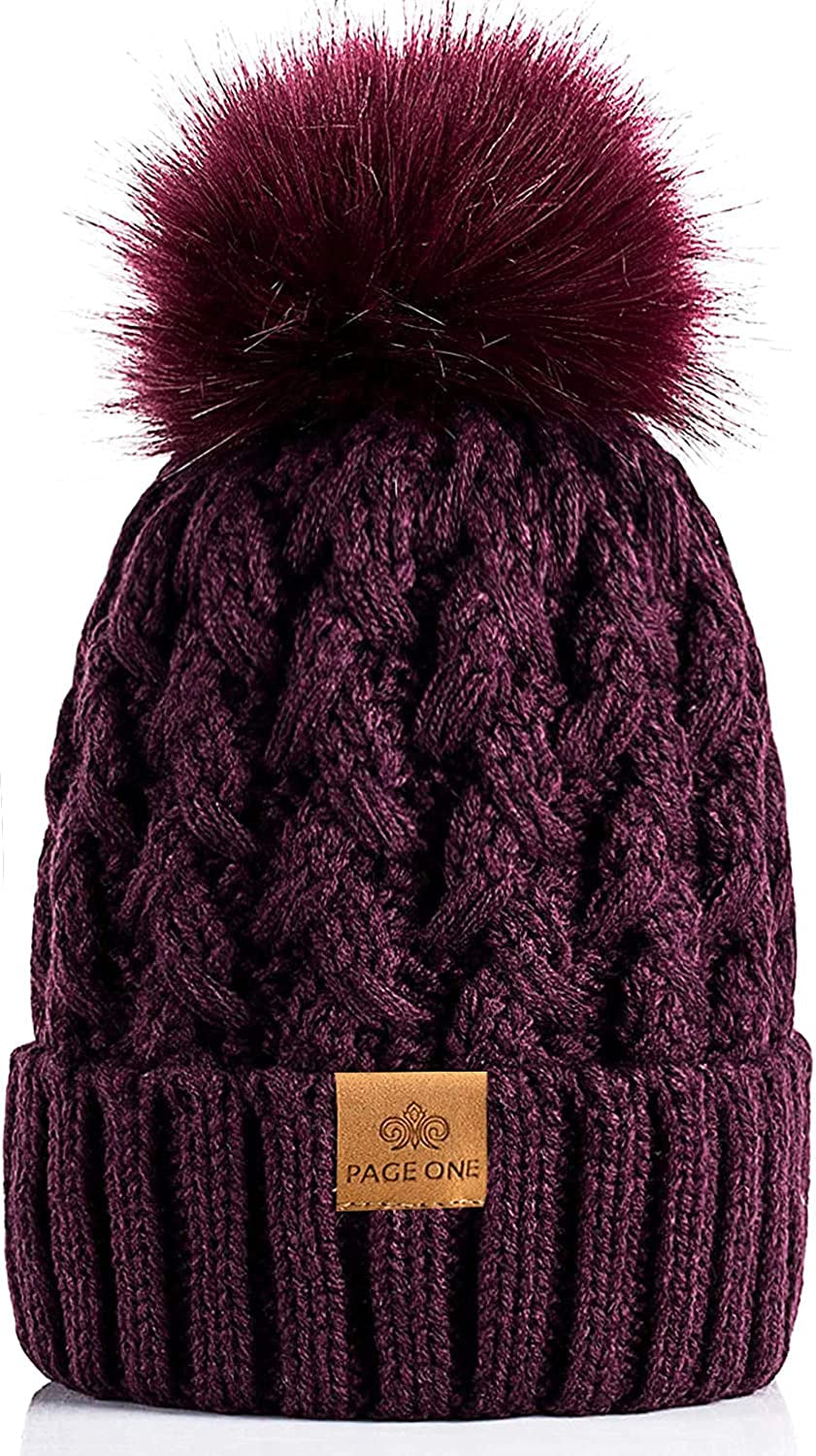 PAGE ONE Womens Winter Ribbed Beanie Crossed Cap Chunky Cable Knit Pompom Soft Warm Hat Apparel & Accessories > Clothing Accessories > Hats PAGE ONE Purple