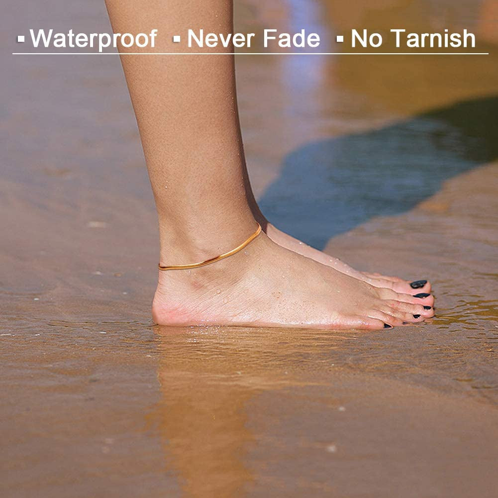 QJLE 18K Gold Plated Flat Snake Chain Link Dainty Ankle Bracelets for Women, Boho Cute Summer Beach Anklet Adjustable Foot Jewelry Apparel & Accessories > Jewelry > Anklets QJLE