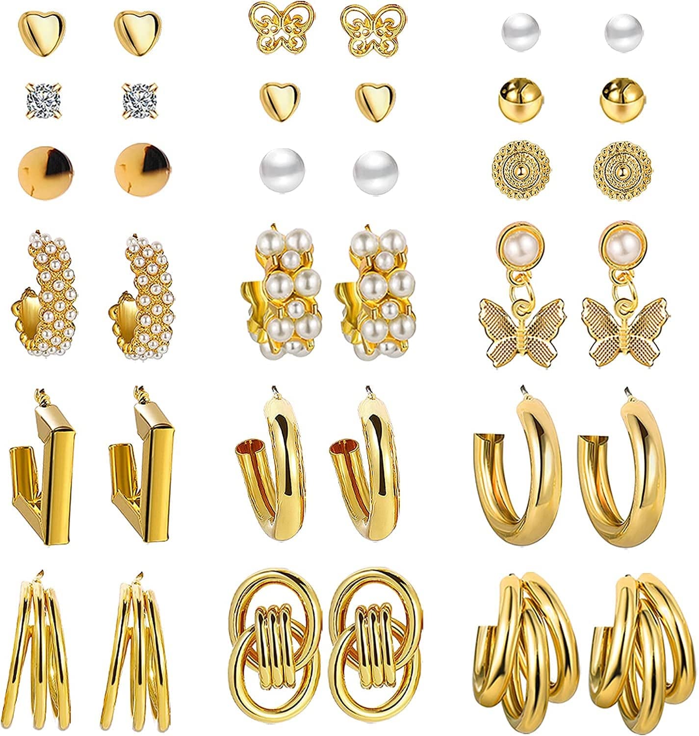54 Pairs Gold Hoop Earrings Set for Women Multipack, Boho Fashion Statement Stud Hoop Earrings Pack with Pearl Butterfly Shaped Assorted Small Big Hoop Earrings Jewelry for Gift Apparel & Accessories > Jewelry > Earrings 17KM Gold-18Pairs