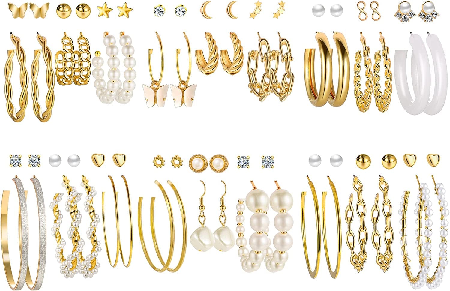 54 Pairs Gold Hoop Earrings Set for Women Multipack, Boho Fashion Statement Stud Hoop Earrings Pack with Pearl Butterfly Shaped Assorted Small Big Hoop Earrings Jewelry for Gift Apparel & Accessories > Jewelry > Earrings 17KM Gold-36Pairs