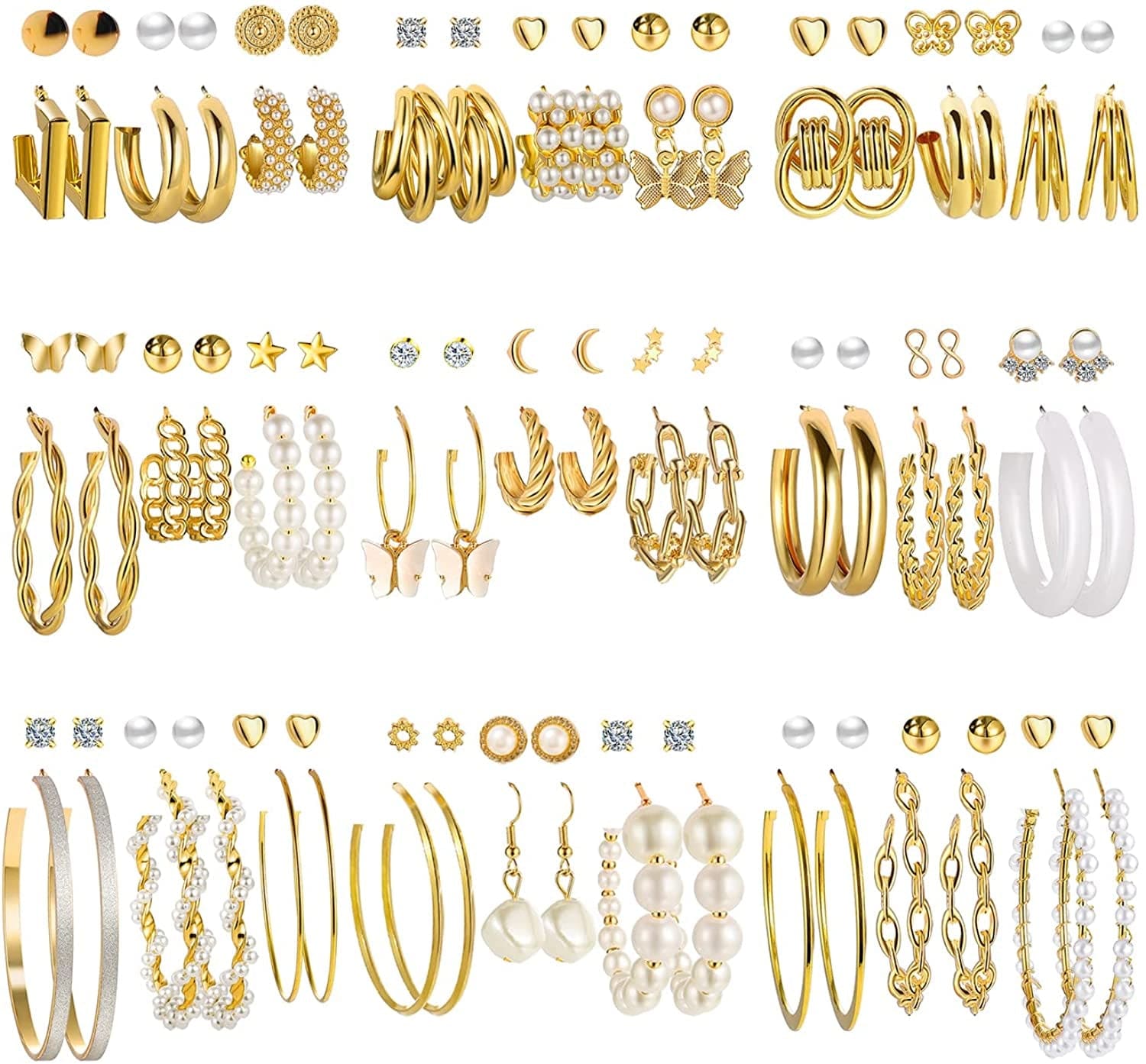 54 Pairs Gold Hoop Earrings Set for Women Multipack, Boho Fashion Statement Stud Hoop Earrings Pack with Pearl Butterfly Shaped Assorted Small Big Hoop Earrings Jewelry for Gift Apparel & Accessories > Jewelry > Earrings 17KM Gold