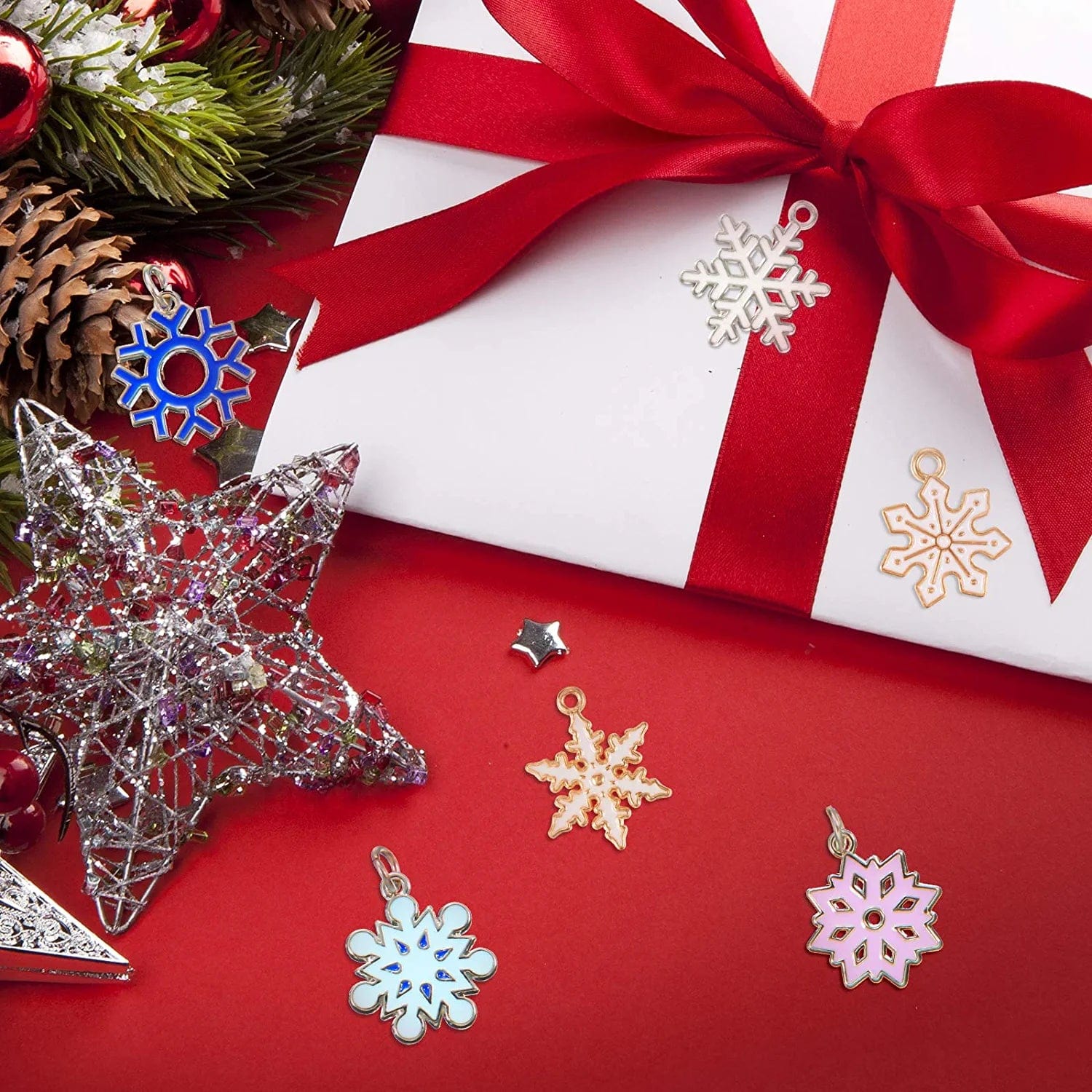 54 Pieces Christmas Enamel Snowflake Charms Enamel Snowflake Winter Charms Necklace Bracelet Earring Pendant Charm Christmas DIY Decoration Charms for Jewelry Making Crafts Supplies