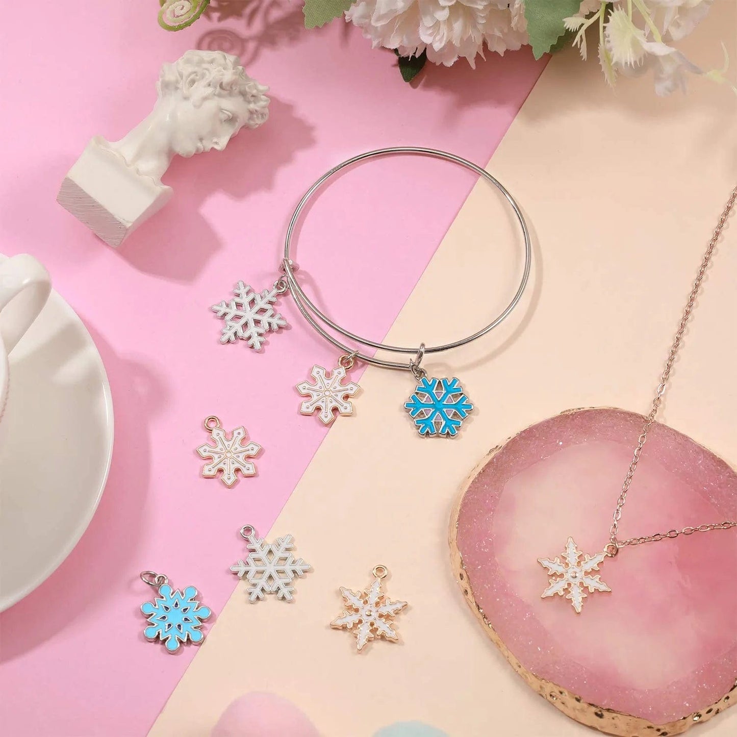 54 Pieces Christmas Enamel Snowflake Charms Enamel Snowflake Winter Charms Necklace Bracelet Earring Pendant Charm Christmas DIY Decoration Charms for Jewelry Making Crafts Supplies