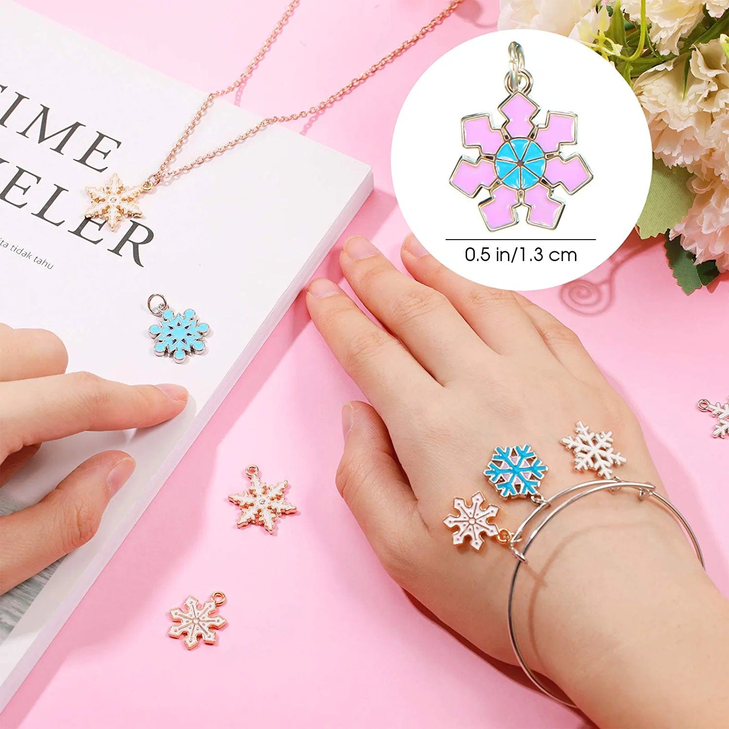 54 Pieces Christmas Enamel Snowflake Charms Enamel Snowflake Winter Charms Necklace Bracelet Earring Pendant Charm Christmas DIY Decoration Charms for Jewelry Making Crafts Supplies