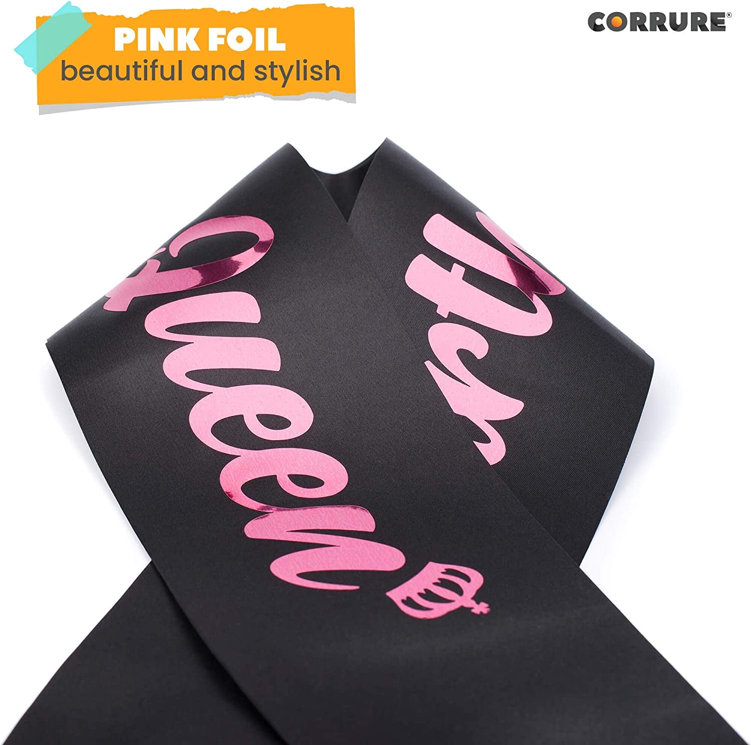 CORRURE 'Birthday Queen' Sash with Pink Foil - Soft Satin Black Sash for Women - Happy Birthday Sash for Girls, Sweet 16, 18Th 21St 25Th 30Th 40Th 50Th or Any Other Bday Party Apparel & Accessories > Clothing Accessories > Sashes CORRURE