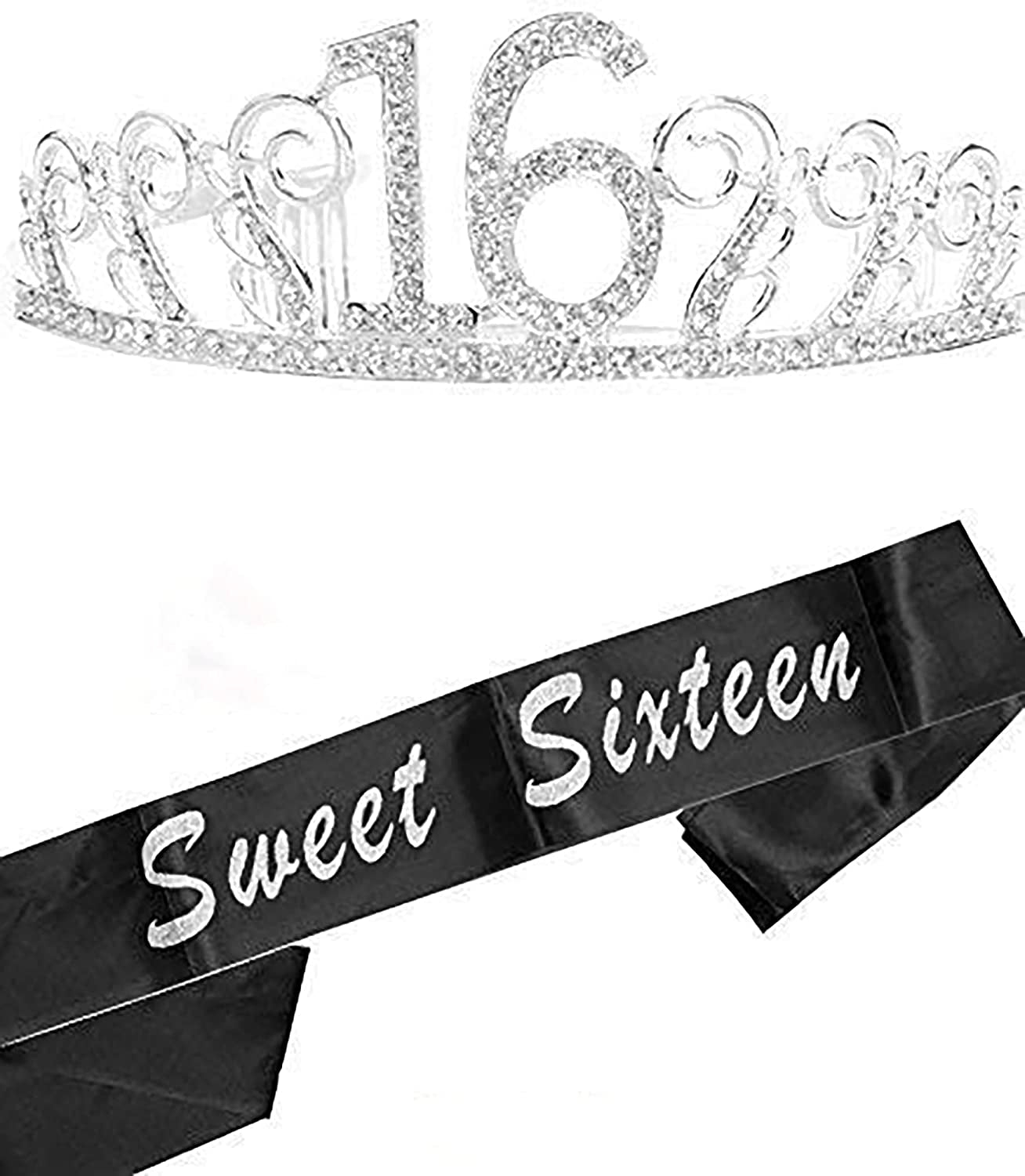 MEANT2TOBE 16Th Birthday Sash and Tiara for Girls - Fabulous Set: Glitter Sash + Floating Heart Rhinestone Silver Premium Metal Tiara, 16Th Birthday Gifts for Sweet 16 Birthday Party Apparel & Accessories > Clothing Accessories > Sashes MEANT2TOBE