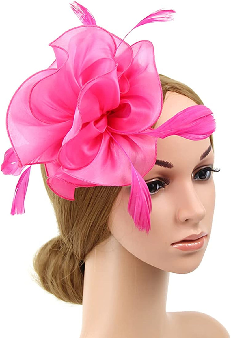 Women Flower Fascinator Hat Wedding Bridal Fascinators Tea Party Hat Feather Fascinator Headband Headwear for Evening Church Apparel & Accessories > Clothing Accessories > Headwear STbest Rose Red