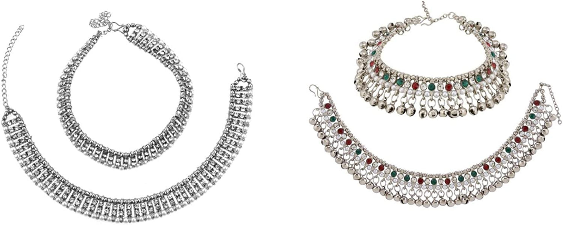 Efulgenz Indian Bollywood Faux Kundan Pearl Wedding Bridal Anklet Pair with Bells (2 Piece) Bracelet Payal Foot Jewelry Apparel & Accessories > Jewelry > Anklets Jaipur Art Jewellery Multipack of 2 (Silver, Multi)