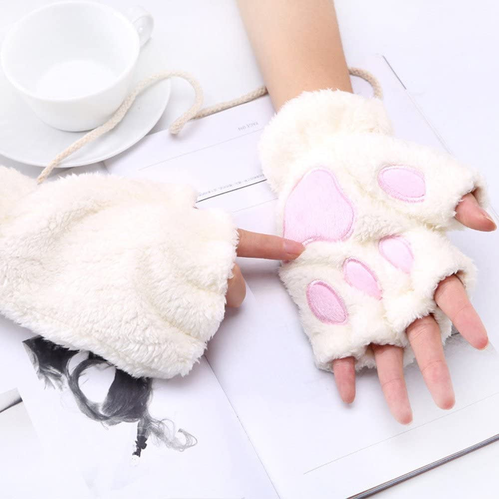 Roselan Cat Paw Gloves Fingerless Faux Fur Plush Gloves Mittens Winter Warm Half Finger Gloves Cute Cat Paw Cosplay Gloves (White, One Size) Apparel & Accessories > Clothing Accessories > Gloves & Mittens Roselan