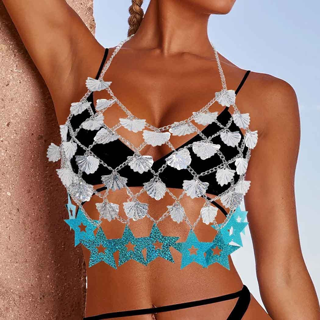 Sexy Body Chain Bikini Silver Tassel Star Sequins Bra Halter Backless Crop Top Shell Beach Party Chest Chains Jewelry for Women Apparel & Accessories > Jewelry > Body Jewelry China