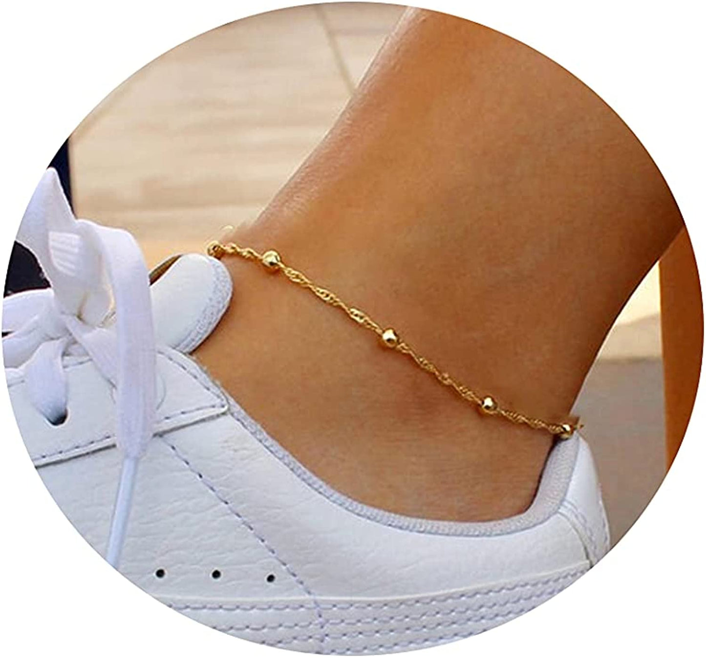 Tasiso 14K Gold Plated Layered Satellite Beads Heart Anklets Layering Rhinestone Cubic Zirconia Ankle Bracelets for Women Minimalist Summer Beach Foot Chain Ankle Jewelry Gifts Apparel & Accessories > Jewelry > Anklets Tasiso Twisted Beaded-Gold