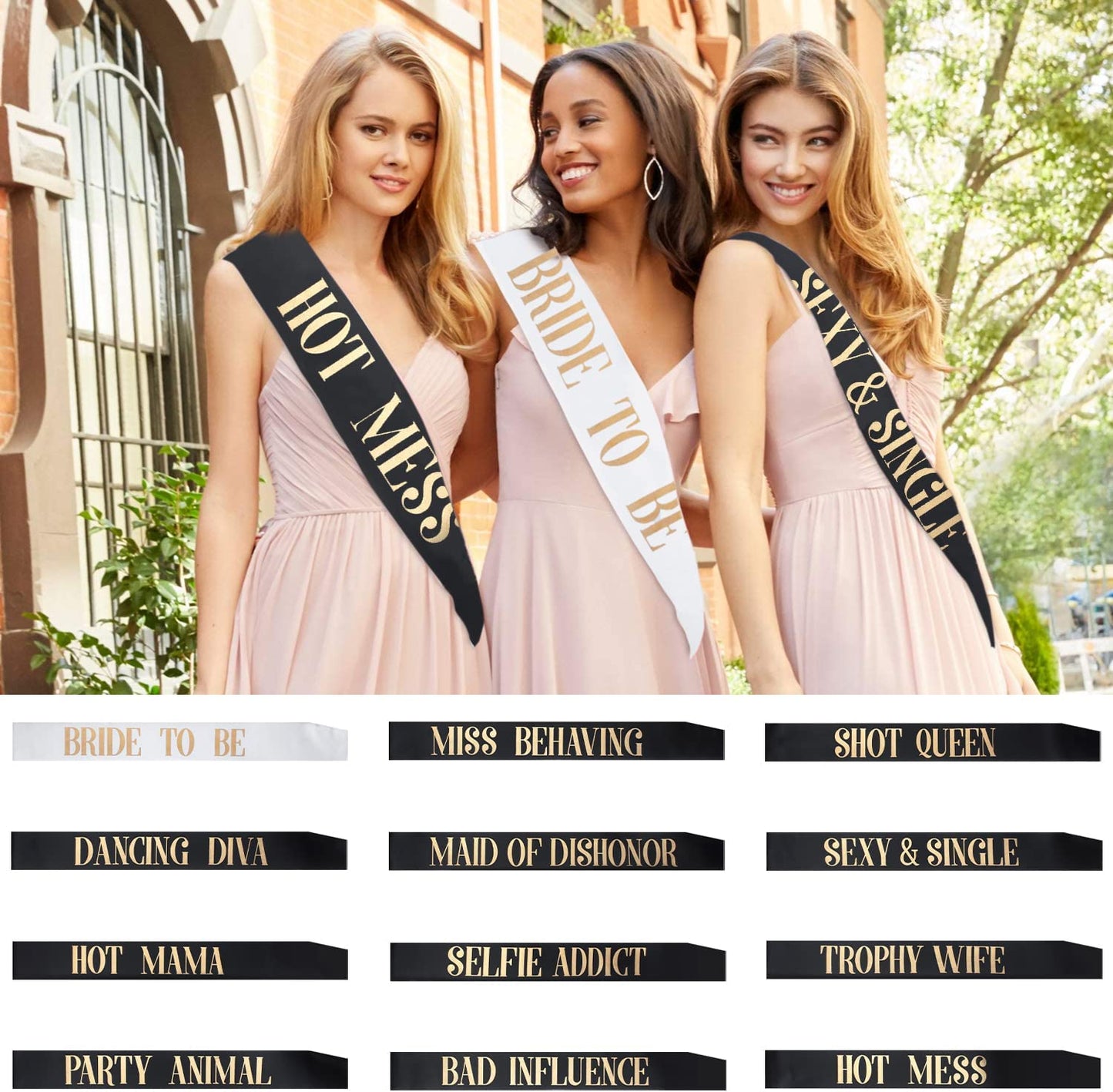 Snsowed 12 Pack- Bachelorette Party Bride to Be Sash- Unique Bride Bridesmaid Sashes for Bachelorette Party (Black, Rose Gold Letters) Apparel & Accessories > Clothing Accessories > Sashes Snsowed