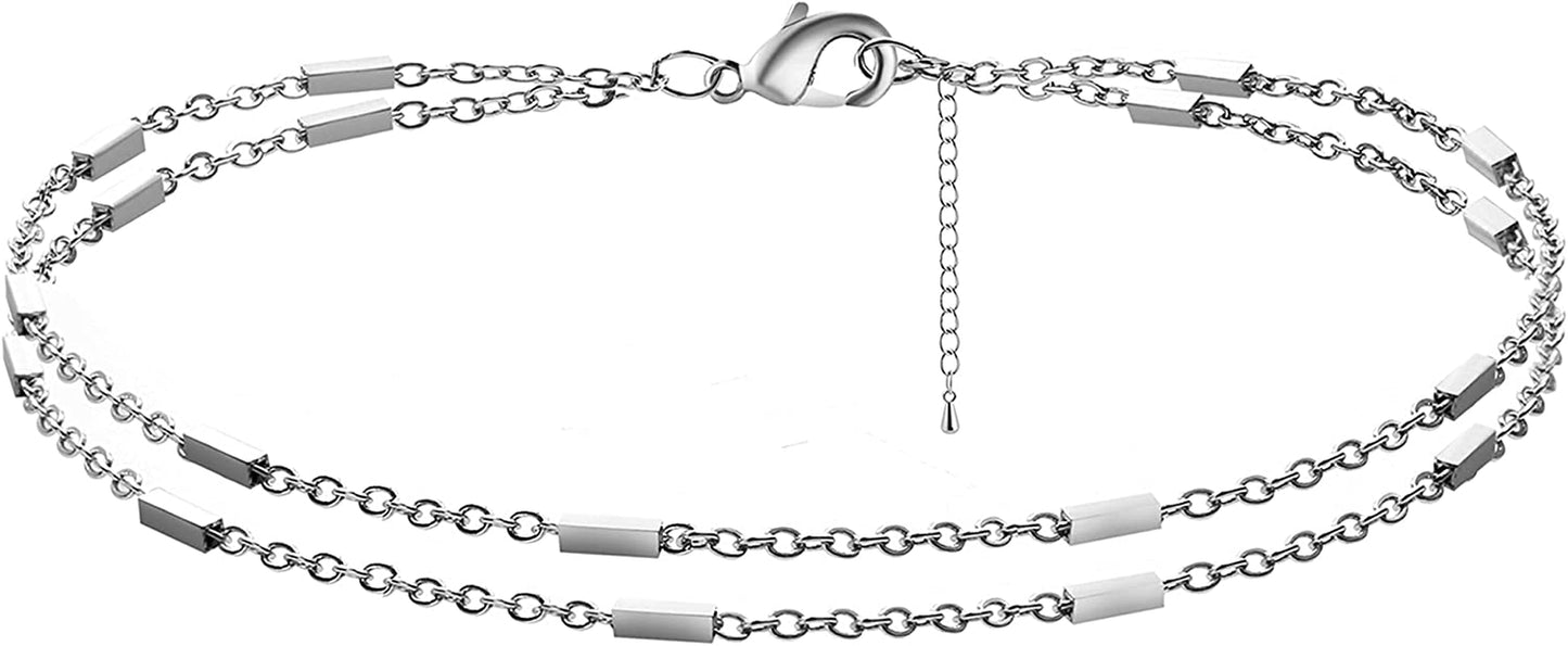 Kyerlyn Dainty Simple Chain Anklet for Women 18K Gold/Silver Plated Summer Beach Beaded Evil Eye Moon Figaro Butterfly Satellite Cuban Pearl Flat Marina Anklet Gift Apparel & Accessories > Jewelry > Anklets Kyerlyn Layered Bar-Silver