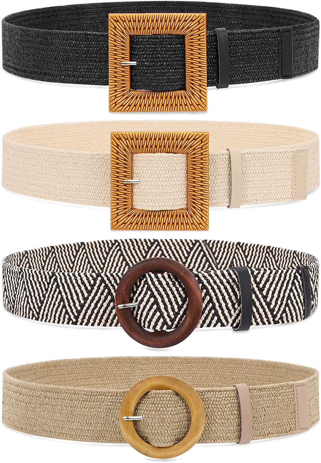 Set of 4 Straw Woven Elastic Stretch Waist Belts for Women, Fashion Boho Ladies Braided Skinny Dress Belt by WHIPPY Apparel & Accessories > Clothing Accessories > Belts WHIPPY 2-black/Sand/Stripe/Khaki Fit Waist up to 24"