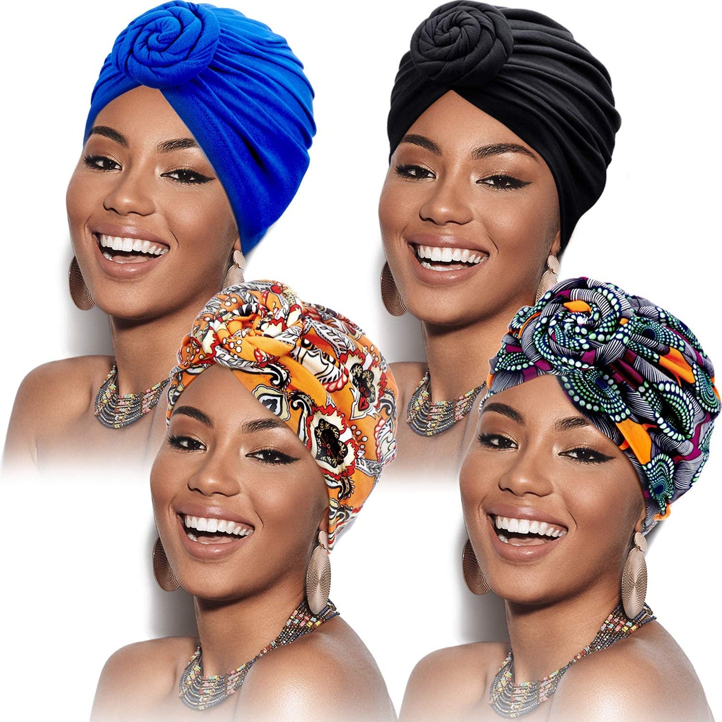SATINIOR 4 Pieces African Pattern Headwrap Pre-Tied Bonnet Turban Knot Beanie Cap Headwrap Hat Apparel & Accessories > Clothing Accessories > Headwear SATINIOR Yellow Flower Style