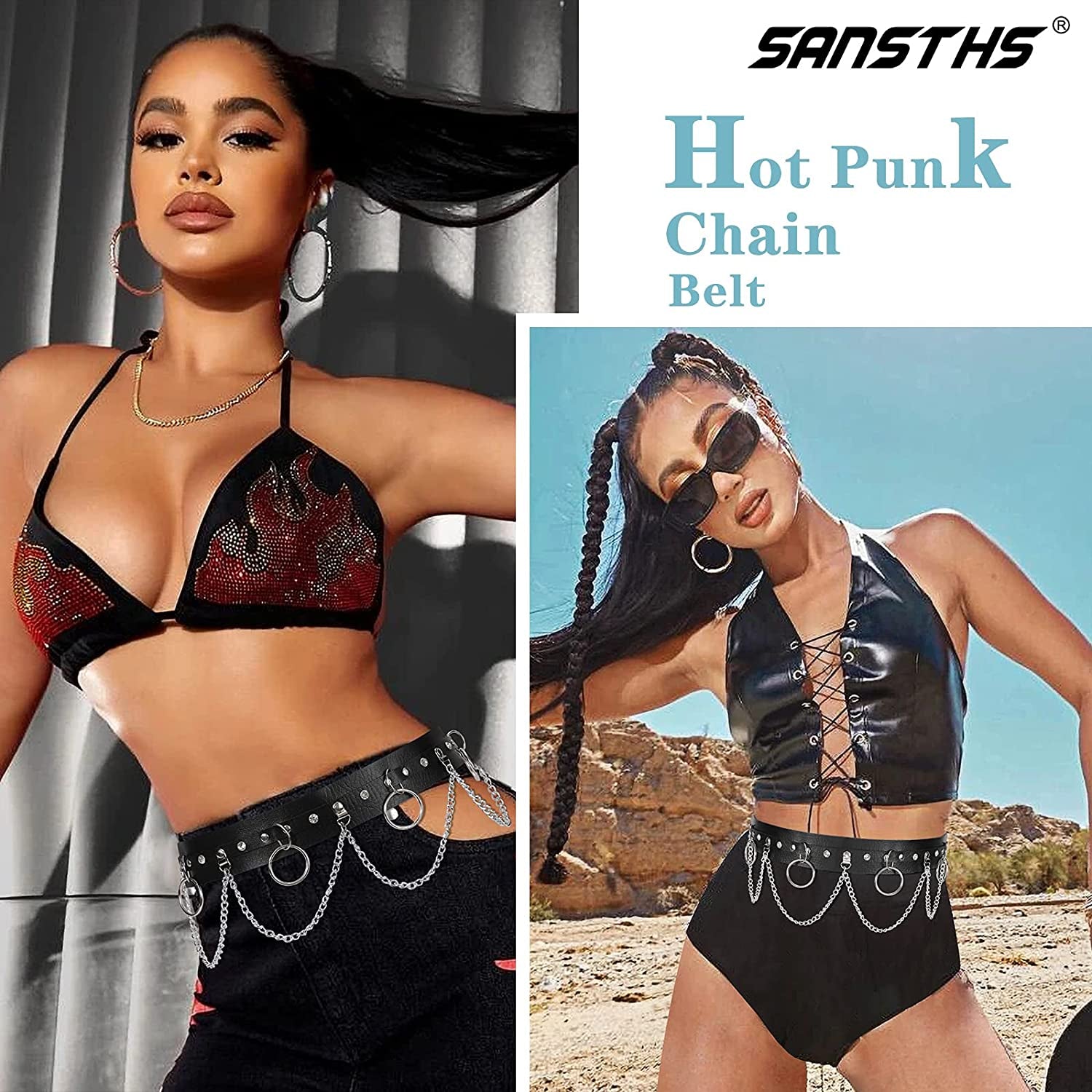 Punk Black Waist Chain Belt,Sansths 7 Layered Belly Body Chains Stylish Waist Belt Body Jewelry for Women and Girls (B-Black) Apparel & Accessories > Jewelry > Body Jewelry SANSTHS