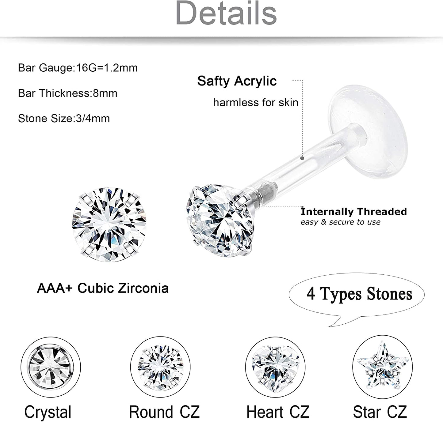 Jstyle 8Pairs 16G Forward Helix Cartilage Tragus Earring Studs Internal Threaded Labret Lip Monroe Ring 8MM Barbell Body Piercing Jewelry Apparel & Accessories > Jewelry > Body Jewelry Jstyle