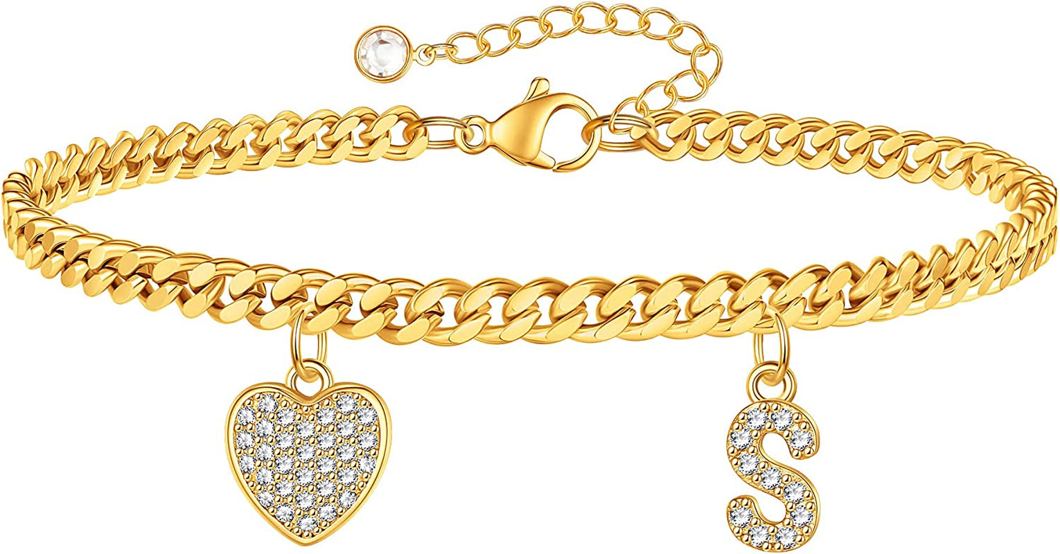 Gold Heart Ankle Bracelets for Women 14K Gold Plated Initial Charm Gold Anklets for Women Cuban Link Chain Heart Anklet Bracelets for Women Apparel & Accessories > Jewelry > Anklets BRIJEWLIC S