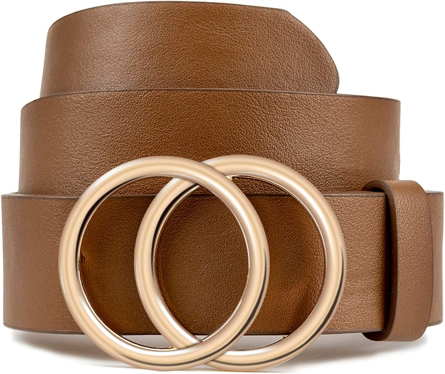 Women Leather Belt for Jeans Dress Waist Belts with Double Ring Buckle by LOKLIK Apparel & Accessories > Clothing Accessories > Belts LOKLIK Brown Gold Buckle M( 6-8 )fit waist from 32''-37''