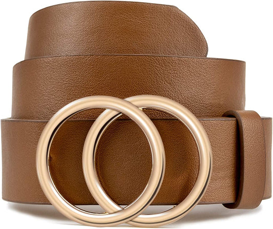 Women Leather Belt for Jeans Dress Waist Belts with Double Ring Buckle by LOKLIK Apparel & Accessories > Clothing Accessories > Belts LOKLIK Brown Gold Buckle M( 6-8 )fit waist from 32''-37''