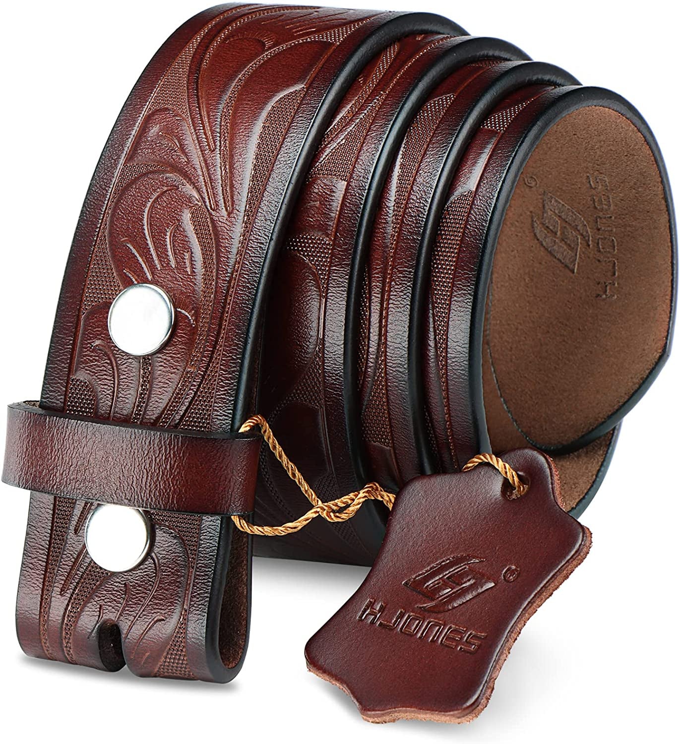 HJONES Men’S Replacement Belt No Buckle Belt Strap, Men'S Leather Belt with Silver Snap on Belt without Buckle 1 1/2” Wide Apparel & Accessories > Clothing Accessories > Belts HJones Flowerbrown 46