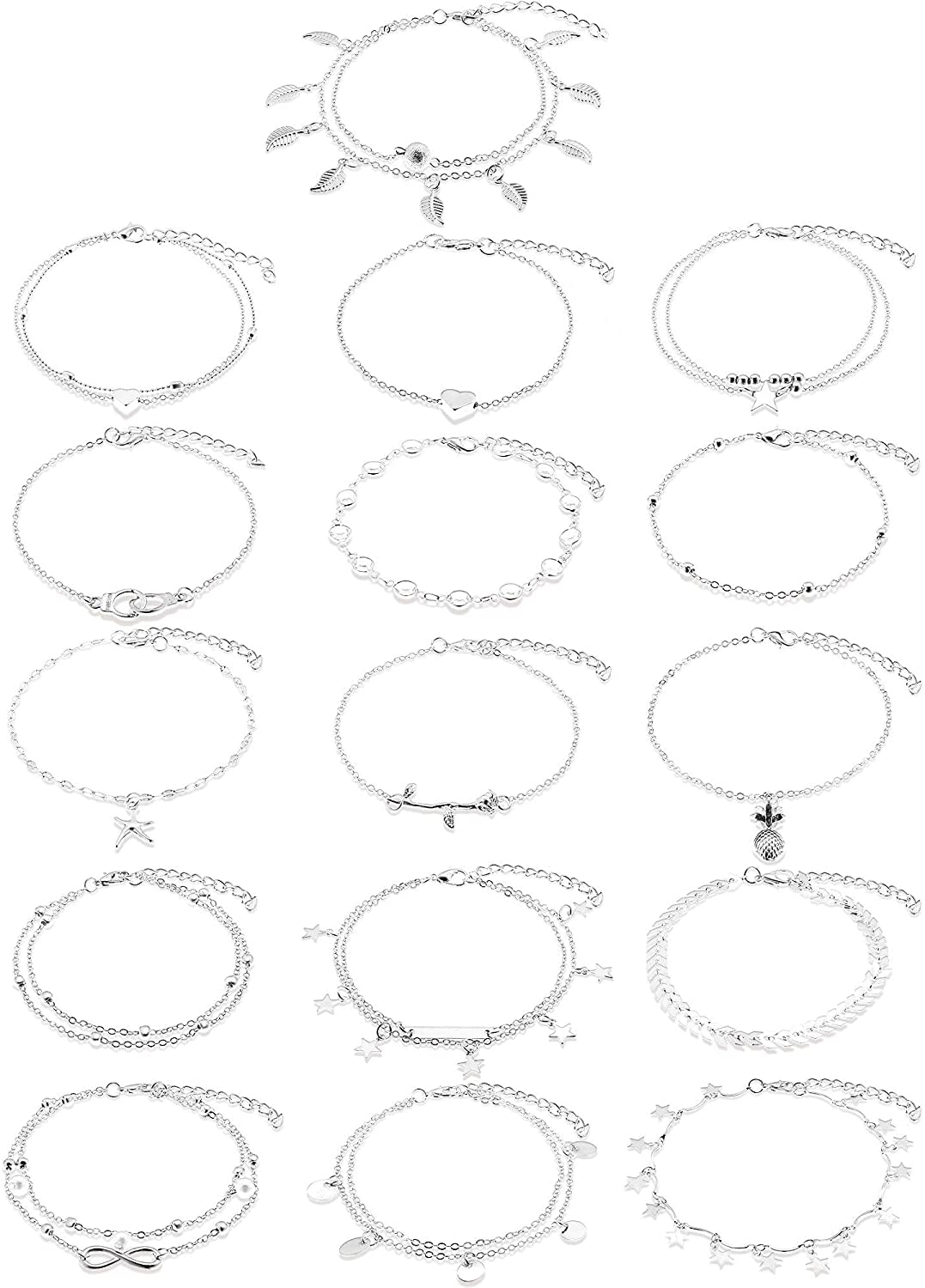 Hicarer 16 Pieces Boho Ankle Bracelets Beach Anklets Foot Chains Adjustable Foot Hand Jewelry Romantic Gift for Women Girls Apparel & Accessories > Jewelry > Anklets Hicarer Silver Leaf, Heart, Star