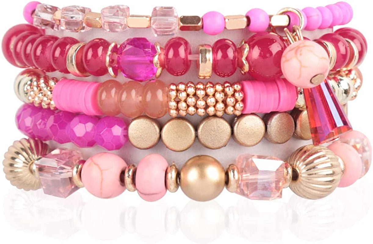 Bohemian Mix Bead Multi Layer Versatile Statement Bracelets - Stackable Beaded Strand Stretch Bangles Sparkly Crystal, Tassel Charm Apparel & Accessories > Jewelry > Bracelets RIAH FASHION Fuchsia