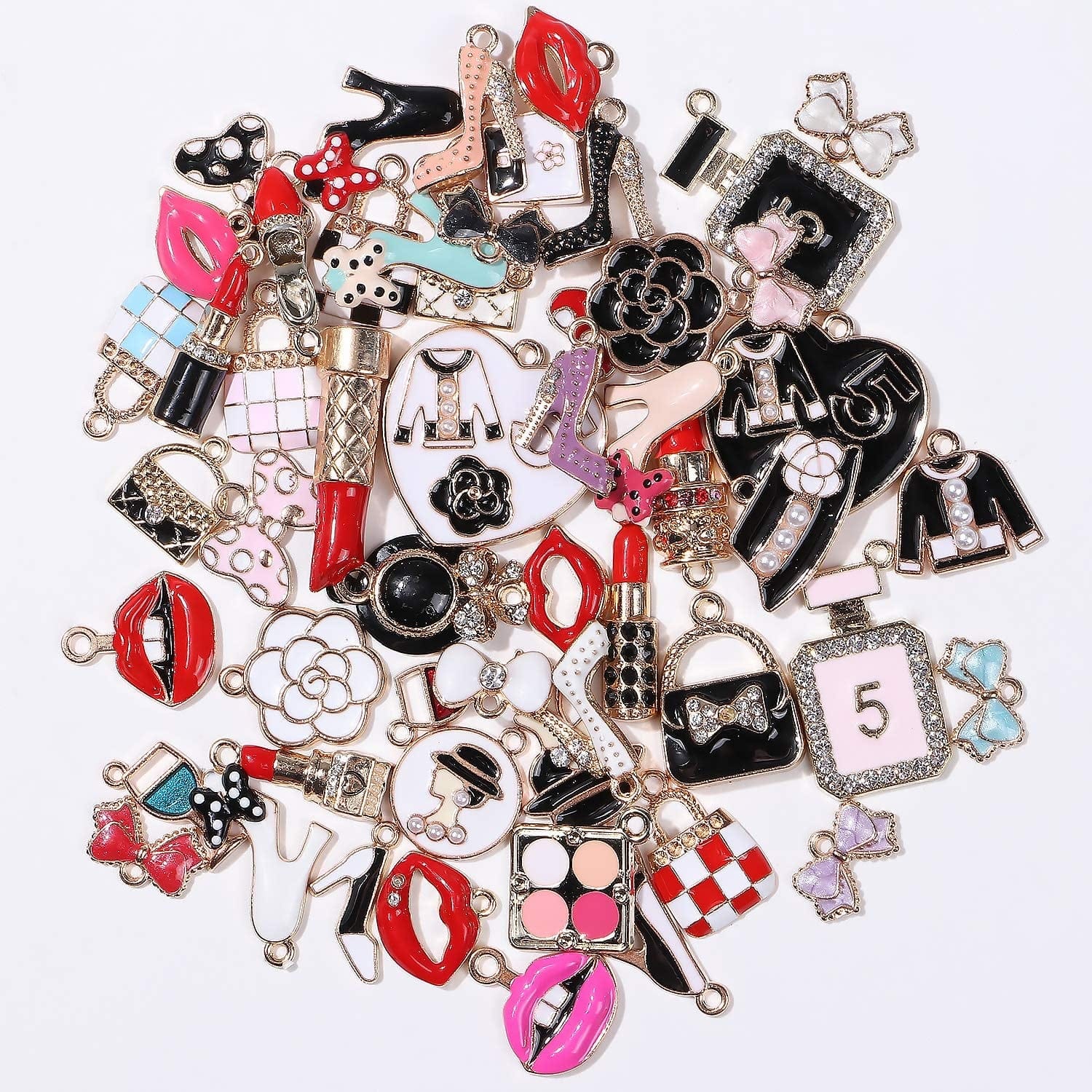 55Pcs Women Assorted Enamel Charms Lipstick Perfume Makeup Charm Pendants DIY Necklace Bracelet Earring for Jewelry Making